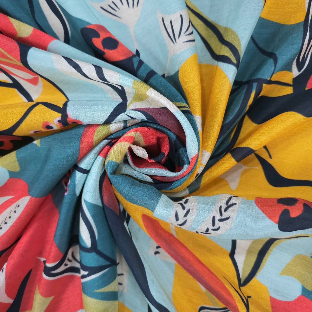 Abstract Digital Print on Muslin Fabric with Mutlicolor Base (Cool colors)