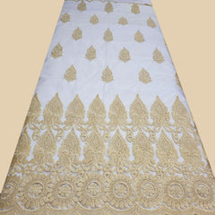 Embroidered White Net Fabric with Gold Resham & Zari Work with Border