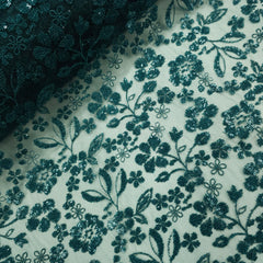 Floral Sequin Embroidered Teal Green Colored Net Fabric