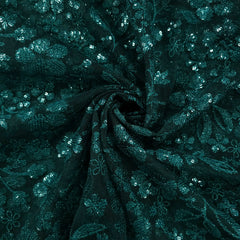 Floral Sequin Embroidered Teal Green Colored Net Fabric