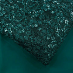 Floral Sequin Embroidered Teal Green Colored Net Fabric