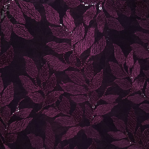 Leafy Threadwork Sequin Embroidered Wine Net Fabric