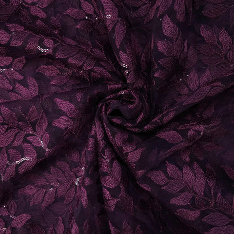 Leafy Threadwork Sequin Embroidered Wine Net Fabric