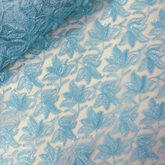 Lotus Threadwork Sequin Embroidered Sky Blue Net Fabric