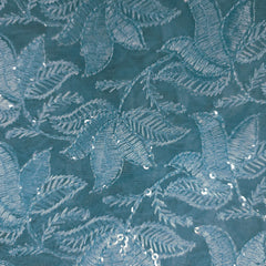 Lotus Threadwork Sequin Embroidered Sky Blue Net Fabric