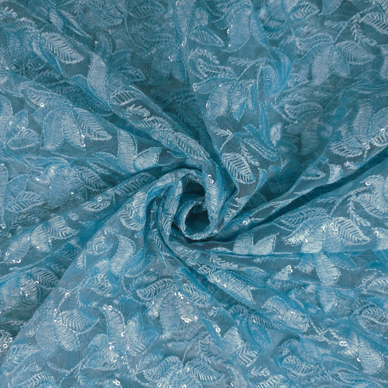 Lotus Threadwork Sequin Embroidered Sky Blue Net Fabric