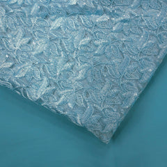 Lotus Threadwork Sequin Embroidered Sky Blue Net Fabric