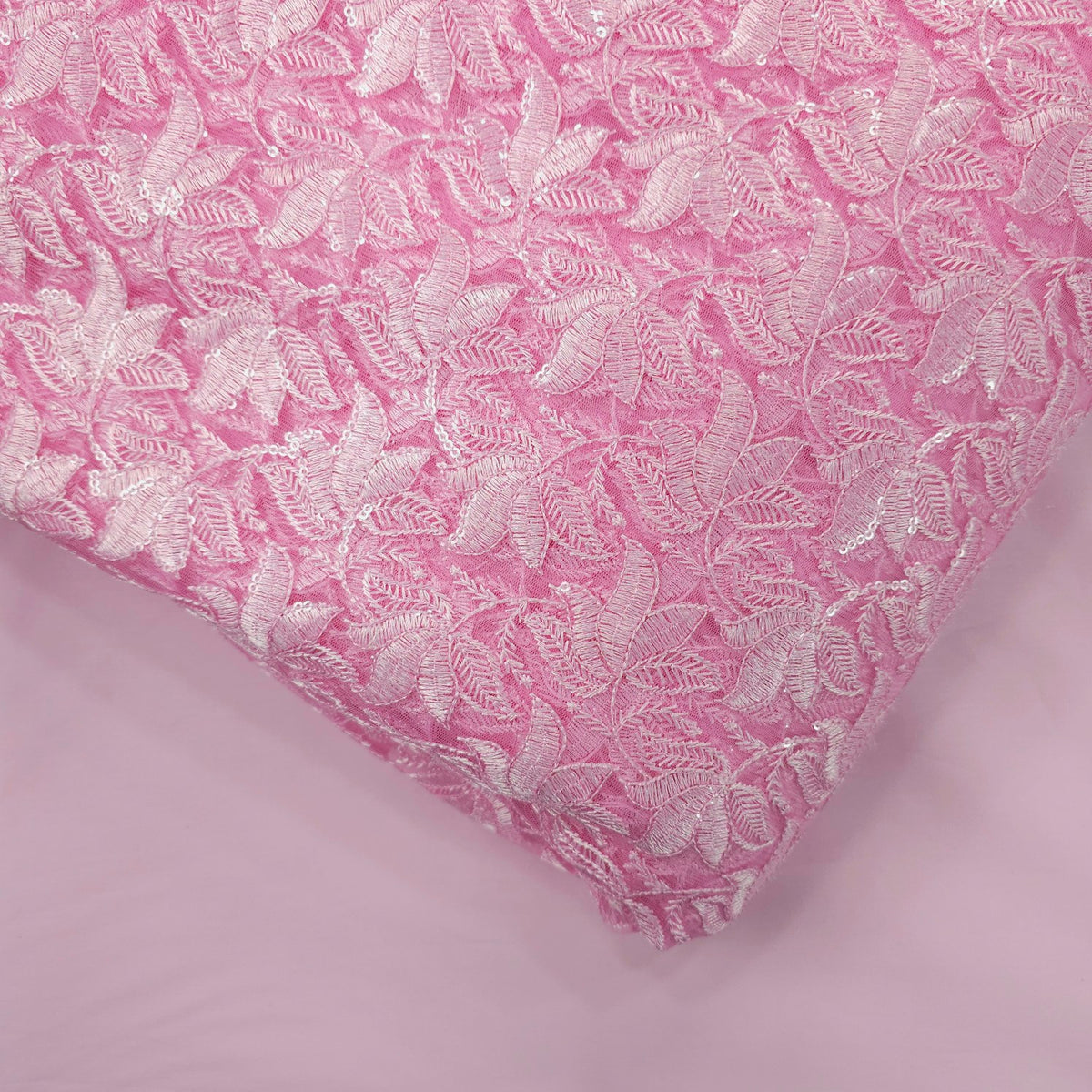 Lotus Threadwork Sequin Embroidered Light Pink Net Fabric