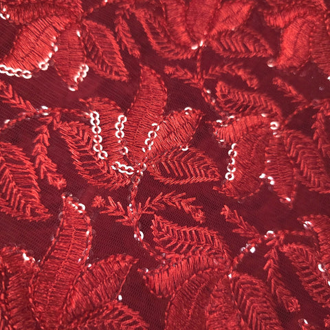 Lotus Threadwork Sequin Embroidered Red Net Fabric
