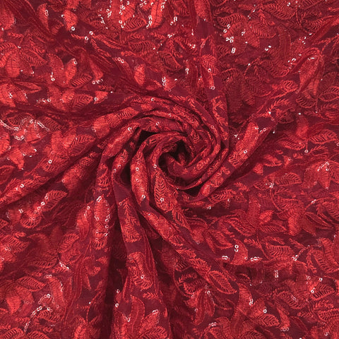 Lotus Threadwork Sequin Embroidered Red Net Fabric