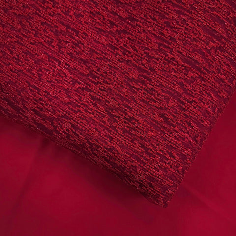 Embroidered Cherry Red Net Fabric with Textured pattern