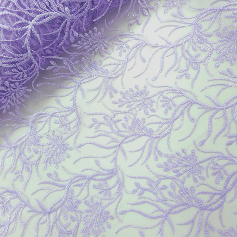 Embroidered Lilac Purple Net Fabric with Intricate Floral Patterns