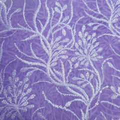 Embroidered Lilac Purple Net Fabric with Intricate Floral Patterns