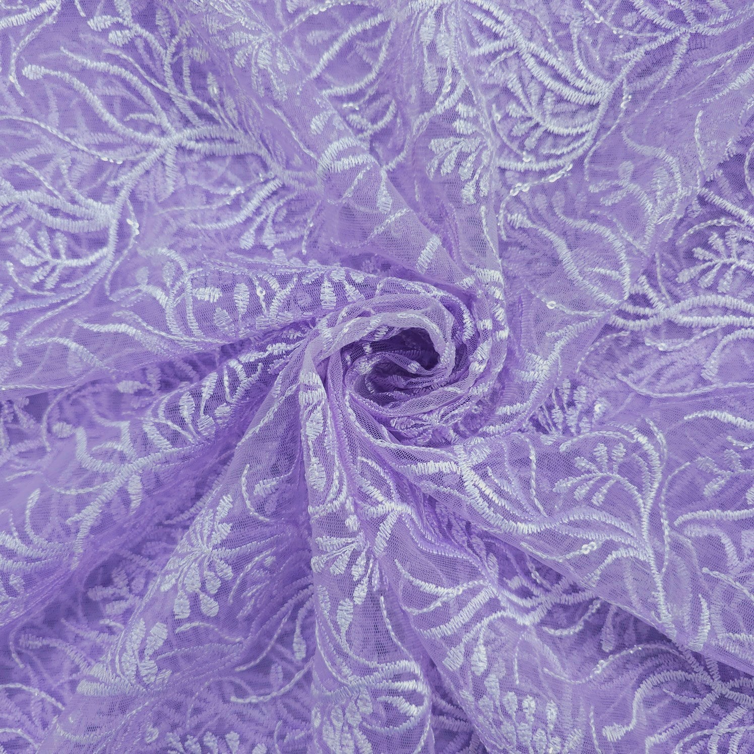 Embroidered Lilac Purple Net Fabric with Intricate Floral Patterns