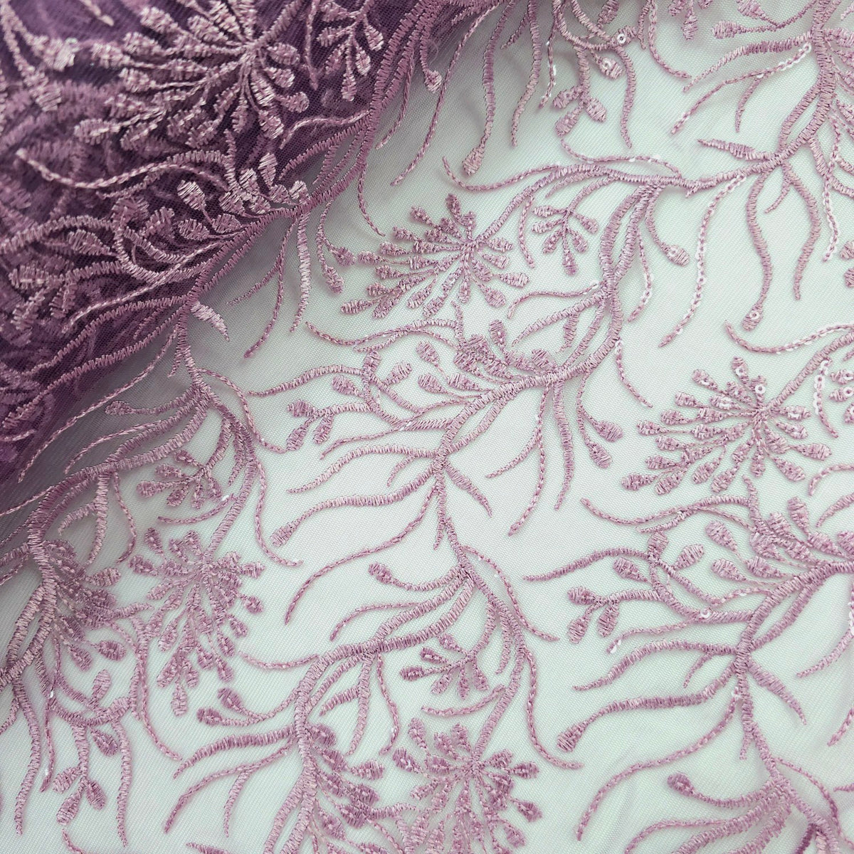 Embroidered Grape Purple Net Fabric with Intricate Floral Pattern