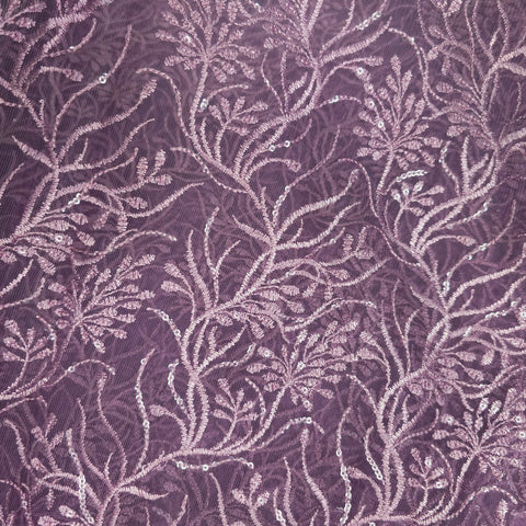 Embroidered Grape Purple Net Fabric with Intricate Floral Pattern