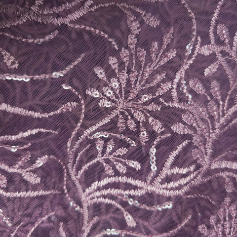 Embroidered Grape Purple Net Fabric with Intricate Floral Pattern