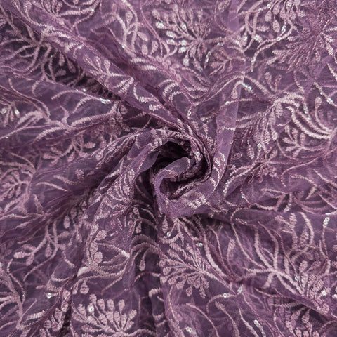 Embroidered Grape Purple Net Fabric with Intricate Floral Pattern