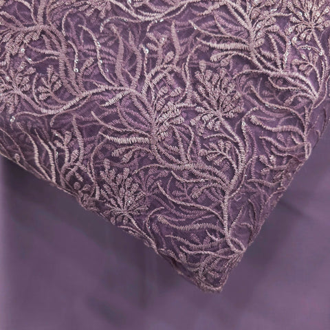 Embroidered Grape Purple Net Fabric with Intricate Floral Pattern