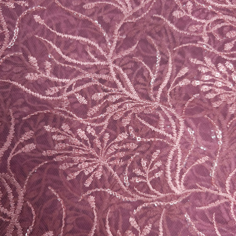 Embroidered Rouge Pink Color Net Fabric with Intricate Floral Patterns