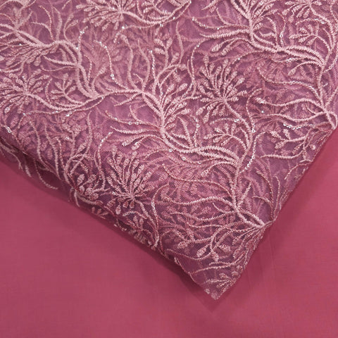 Embroidered Rouge Pink Color Net Fabric with Intricate Floral Patterns