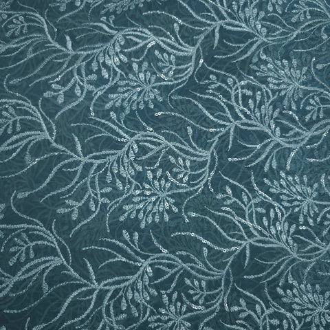 Embroidered Ocean Green Color Net Fabric with Intricate Floral Patterns