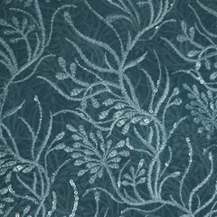 Embroidered Ocean Green Color Net Fabric with Intricate Floral Patterns