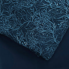 Embroidered Peacock Green Net Fabric with Intricate Floral Patterns