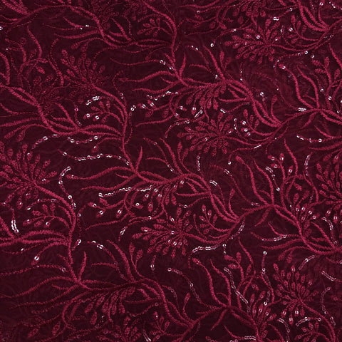 Embroidered Red Net Fabric with Intricate Floral Patterns