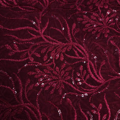 Embroidered Red Net Fabric with Intricate Floral Patterns