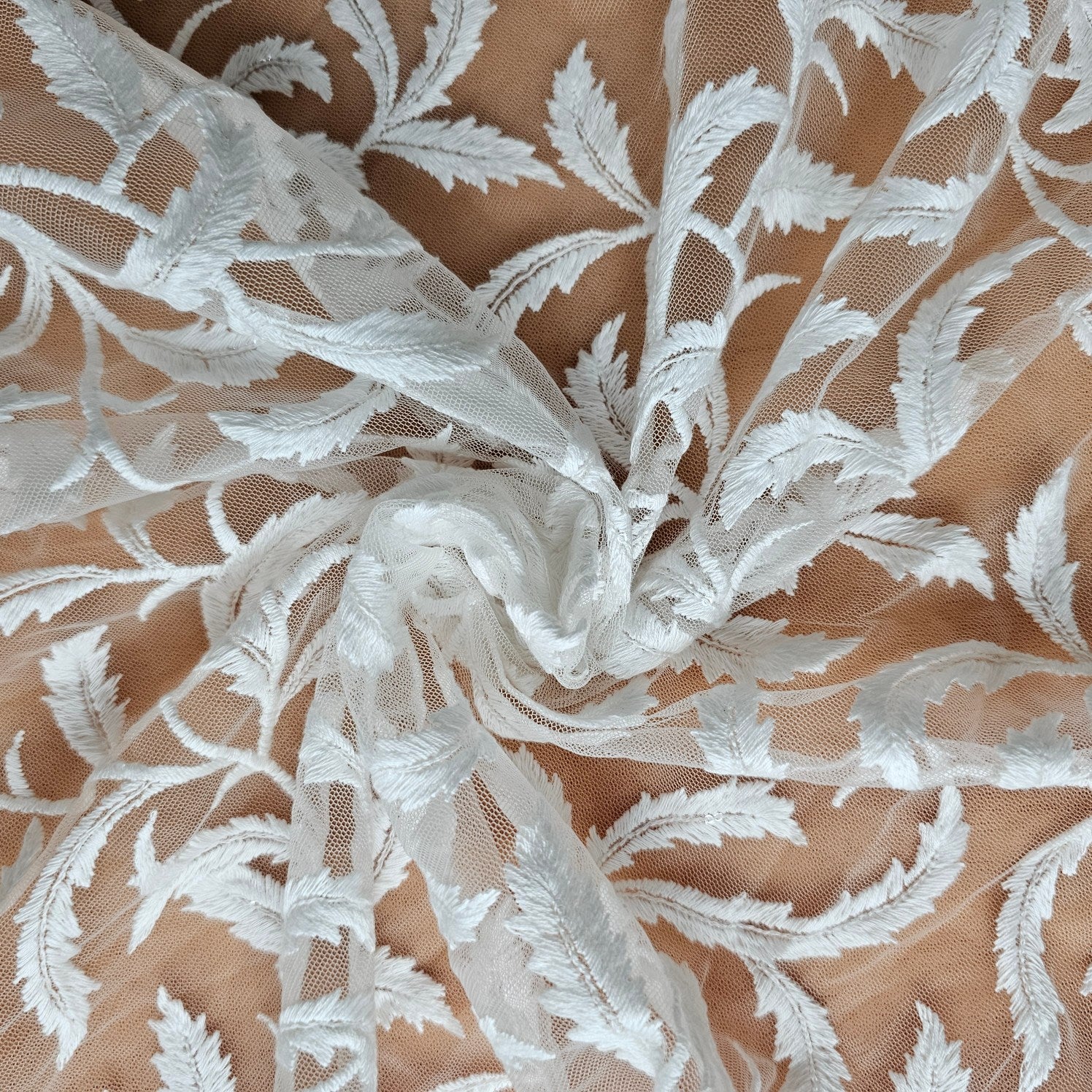 Dyeable Embroidered Net Fabric with Feather Motifs