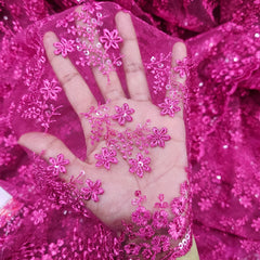 Embroidered Hot Pink Net Fabric with Floral Motifs