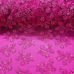 Embroidered Hot Pink Net Fabric with Floral Motifs