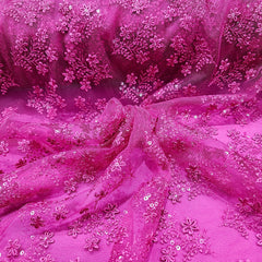 Embroidered Hot Pink Net Fabric with Floral Motifs