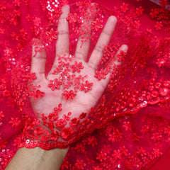 Embroidered Bright Red Net Fabric with Floral Motifs