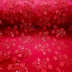 Embroidered Bright Red Net Fabric with Floral Motifs