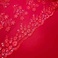 Embroidered Bright Red Net Fabric with Floral Motifs