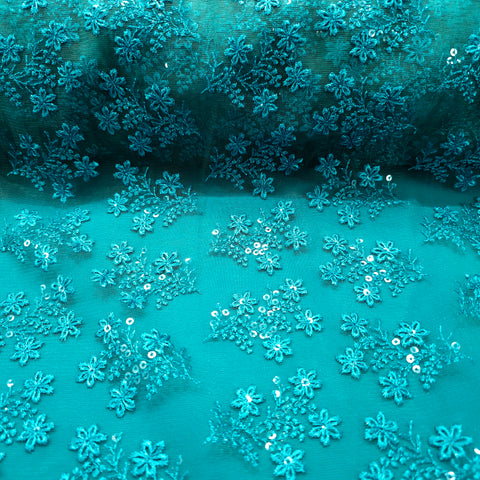 Embroidered Teal Blue Net Fabric with Floral Motifs