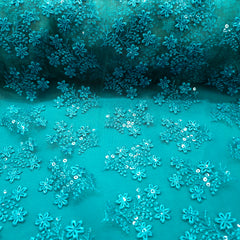 Embroidered Teal Blue Net Fabric with Floral Motifs