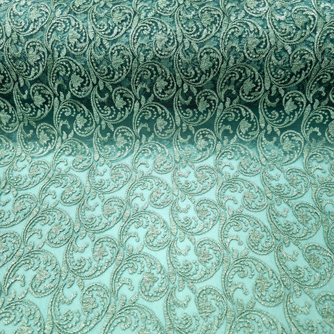 Embroidered Emerald Mist Net Fabric with Floral Motifs