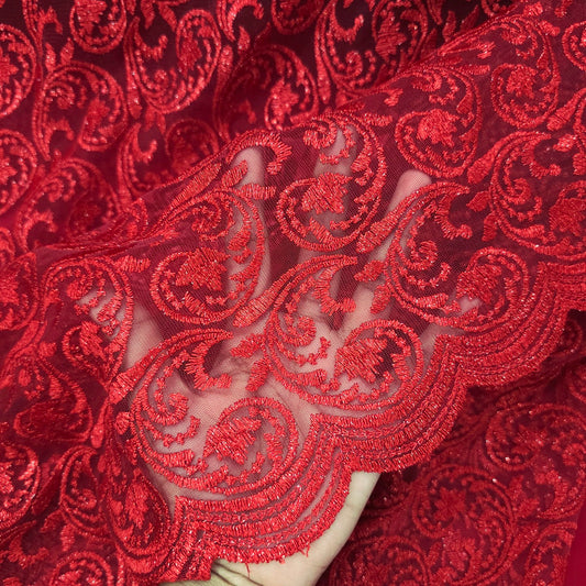 Embroidered Imperial Red Net Fabric with Floral Motifs 1496