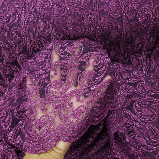 Embroidered Rich Purple Net Fabric with Floral Motifs 1496