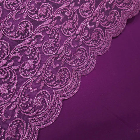 Embroidered Rich Purple Net Fabric with Floral Motifs