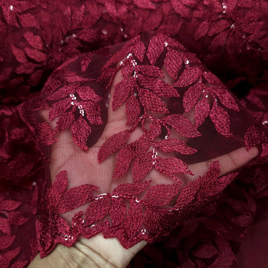 Leafy Threadwork Sequin Embroidered Maroon Net Fabric 1496