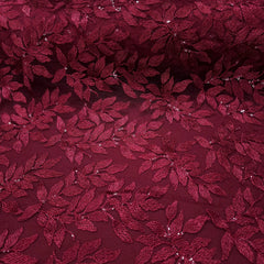 Leafy Threadwork Sequin Embroidered Maroon Net Fabric