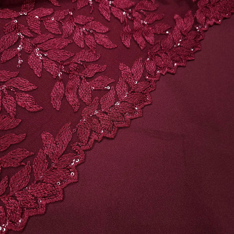 Leafy Threadwork Sequin Embroidered Maroon Net Fabric