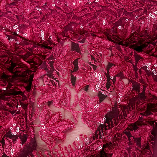 Lotus Threadwork Sequin Embroidered Maaroon Net Fabric 1496