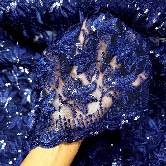 Lotus Threadwork Sequin Embroidered Navy Blue Net Fabric 1496