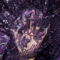 Lotus Threadwork Sequin Embroidered Dark Purple Net Fabric