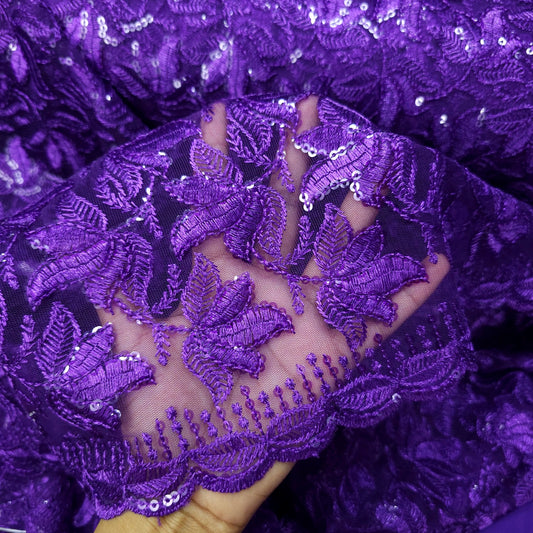 Lotus Threadwork Sequin Embroidered Violet Net Fabric 1496